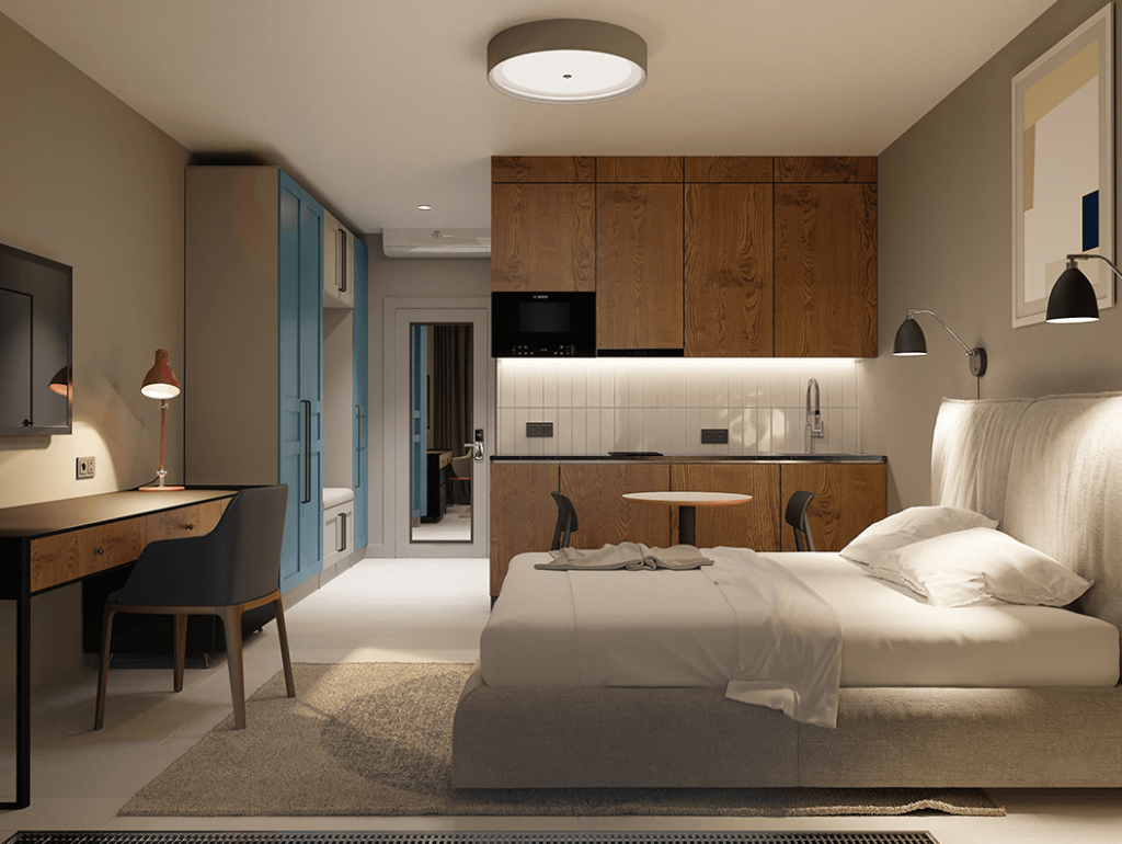 Дизайн интерьера номера апарт-отеля класса смарт в современном стиле-4 | Студия Maxdesign